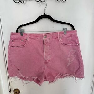 Pink Lucky Brand denim shorts with embroidered logo and distressed details